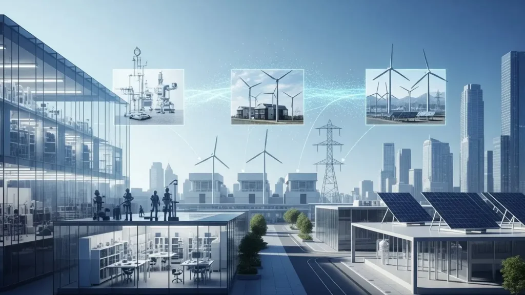 A modern US innovation hub showcasing 2025 tech innovations in AI and quantum computing.