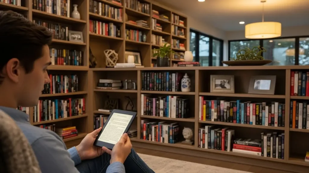 A person using an e-reader for reading in a modern home library.