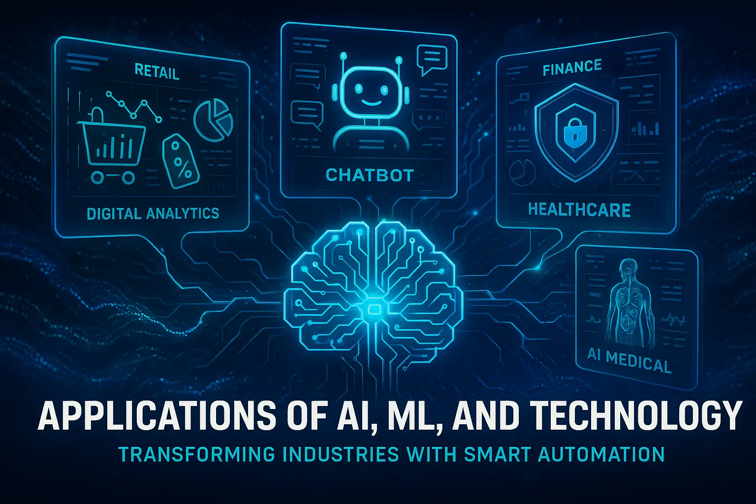 AI and ML applications diagram highlighting key business use cases in a clean landscape layout.