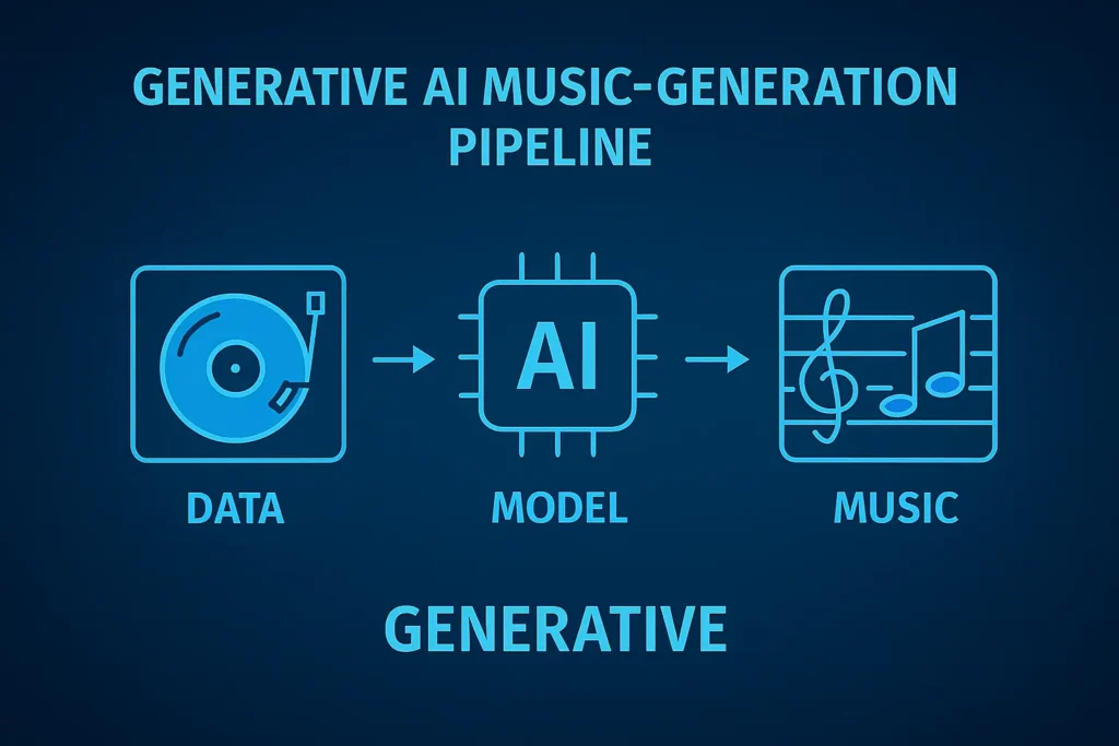 Generative AI music-generation pipeline diagram showing data input, model training, and musical output stages.
