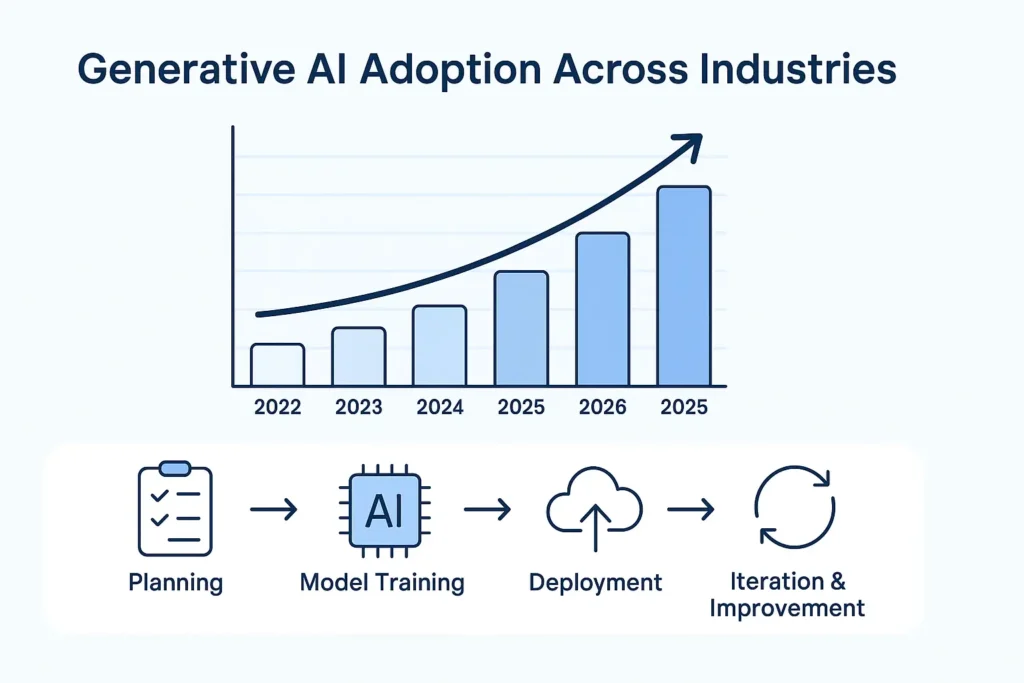 Generative growth chart comparing AI adoption rates across industries from 2022 to 2025 with upward trend.