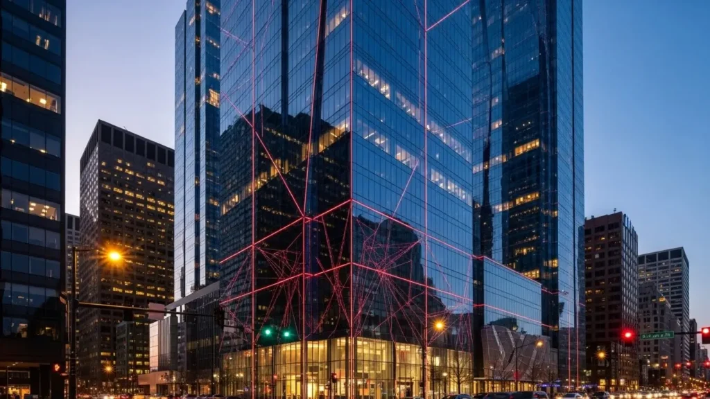 A modern skyscraper representing Huawei innovations in global technology growth.