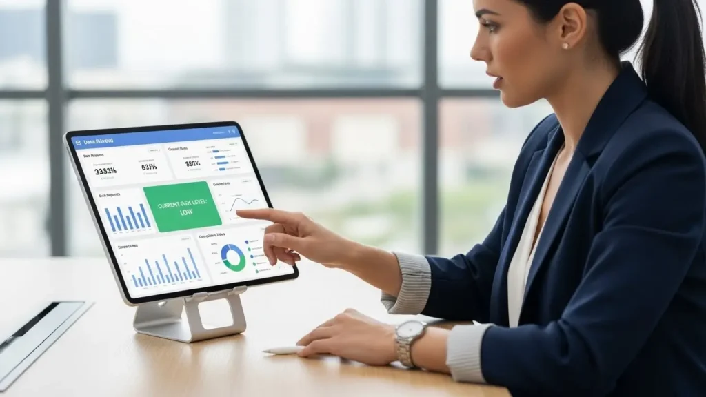 A professional using a data-handling dashboard showing Huawei privacy technology.