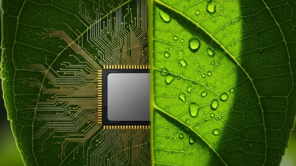 A green leaf and microchip hybrid representing sustainable Huawei technology.