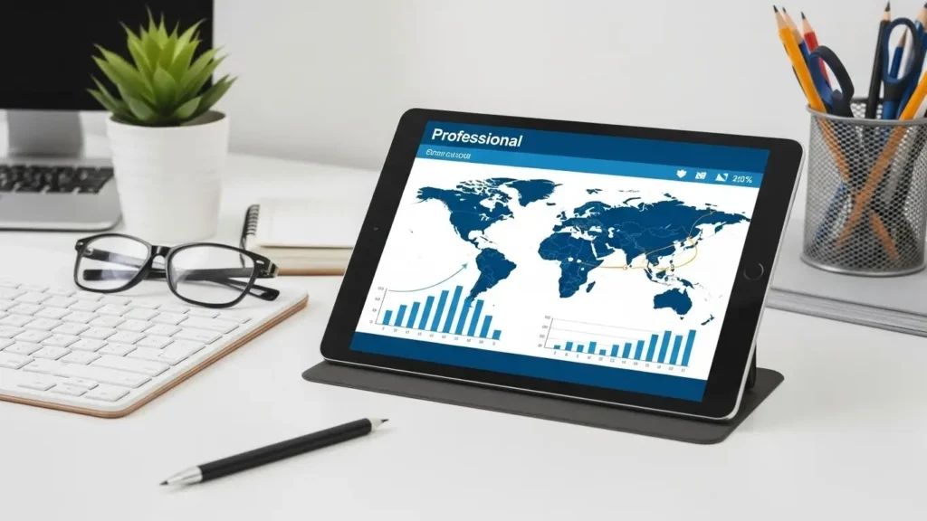 Analytical charts and a tablet showing the strategy behind Huawei technology success.