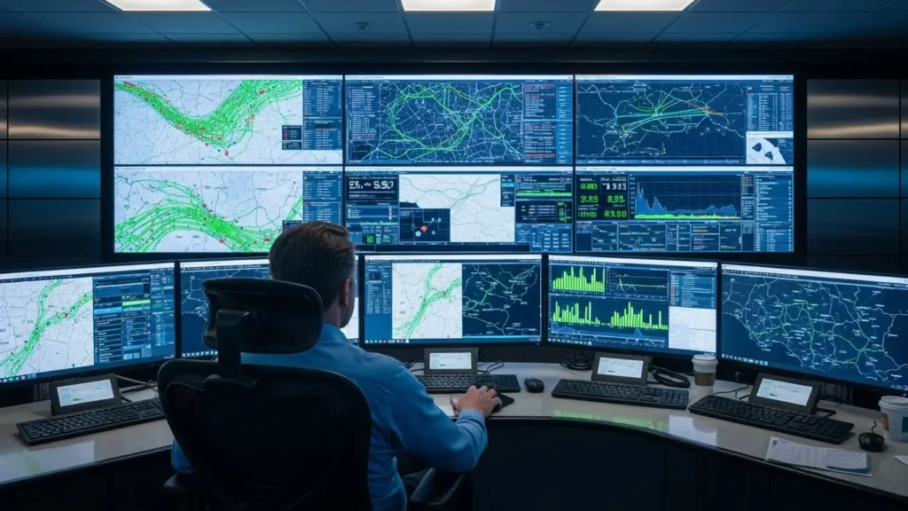 A control room displaying real-world applications of Huawei smart city technology.