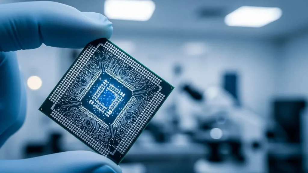 Close-up of a microchip symbolizing Huawei investment in research and development.