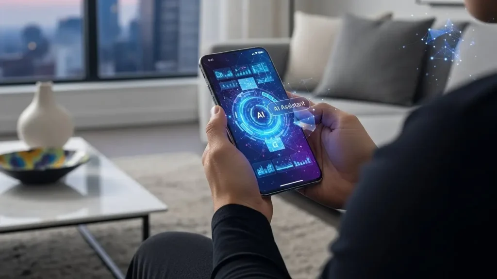 A premium smartphone displaying AI features powered by Huawei technology.