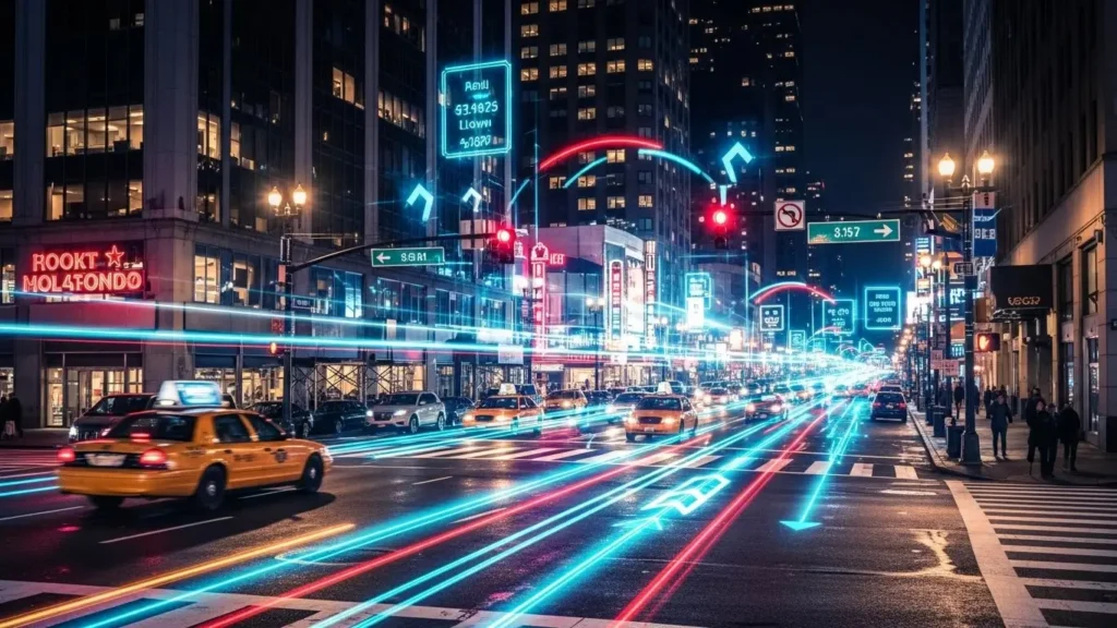 An illuminated smart city intersection optimized by Huawei 5G technology.