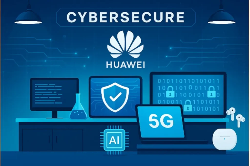 Huawei CyberSecure lab showcasing quantum encryption and threat analysis for advanced 5G network protection.