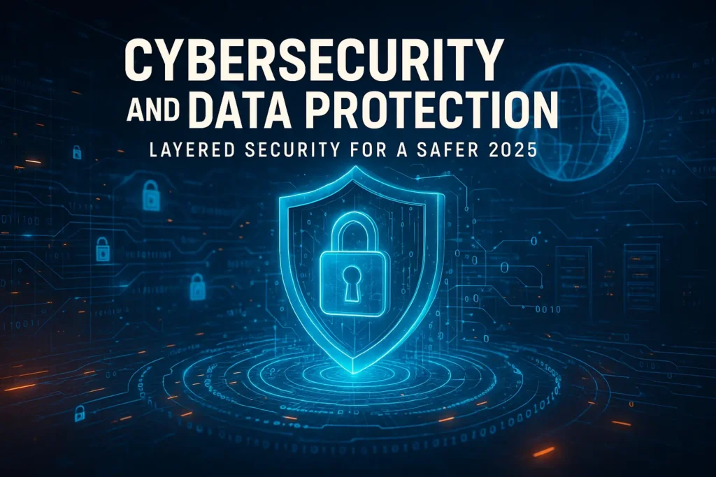 Software infographic showing cybersecurity tips like strong passwords, updates, and firewall protection for secure systems