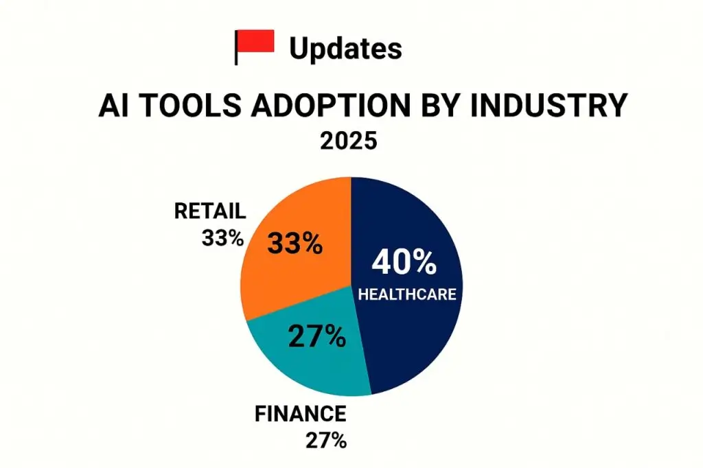 Updates pie chart showing 2025 AI tools adoption across healthcare, retail, and finance industries.