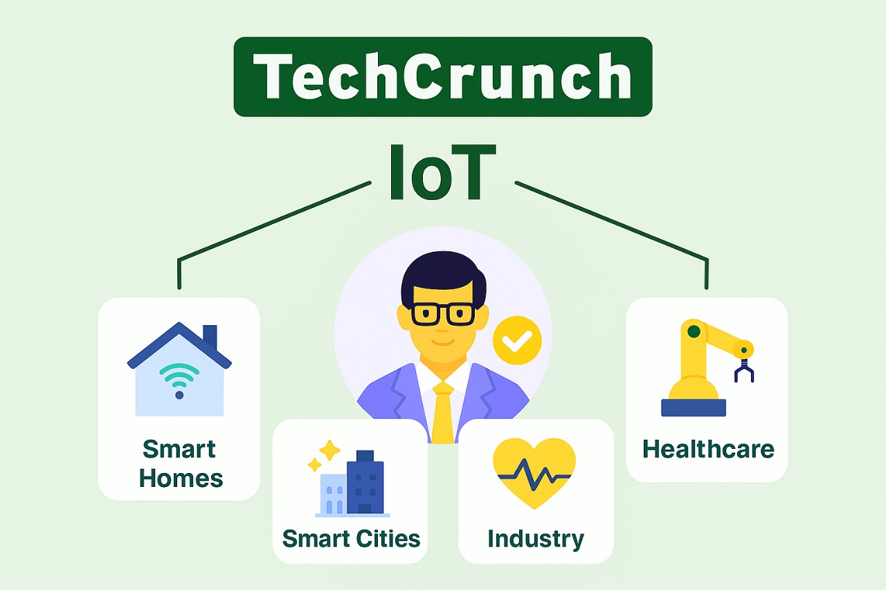 TechCrunch infographic showing IoT applications in smart homes, cities, industry, and healthcare with labeled icons.