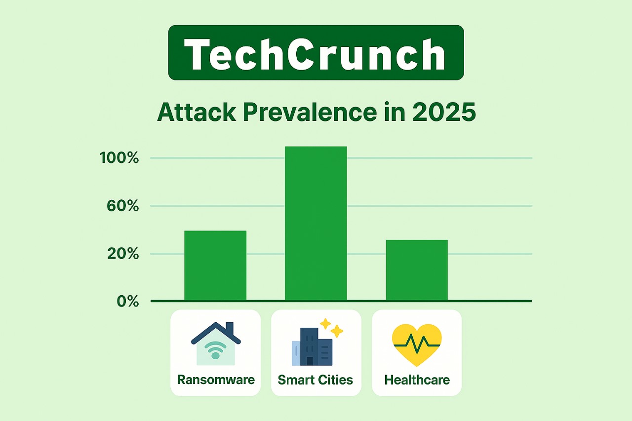 TechCrunch bar chart comparing ransomware, phishing, DDoS attack prevalence in 2025 with green bars.