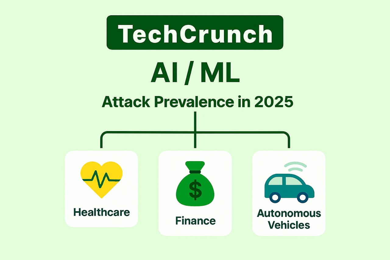TechCrunch diagram illustrating AI/ML applications in healthcare, finance, autonomous vehicles through icons and connections.