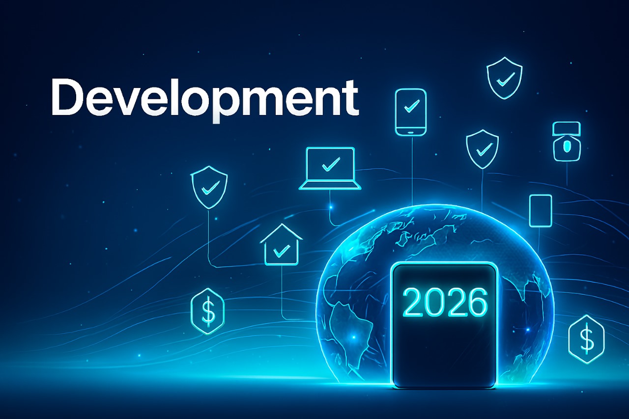 Development-focused IoT security network glowing across a digital globe with shields and data streams in cyber blue tones.