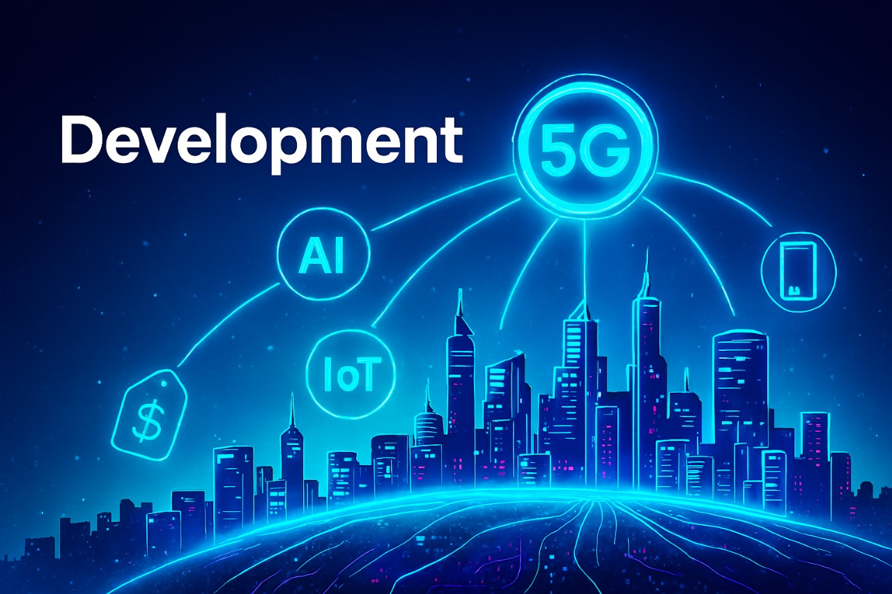 Development-themed futuristic city glowing with 5G networks, linking AI, IoT, and edge devices in neon blue tones.