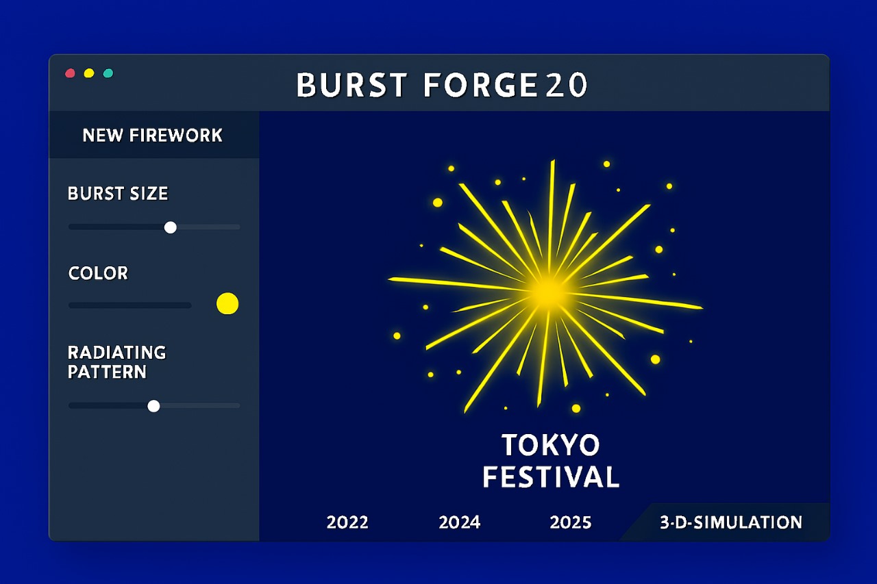 Firework simulation screenshot from Burst Forge 2.0 UI showing 3D pattern design and customization controls.