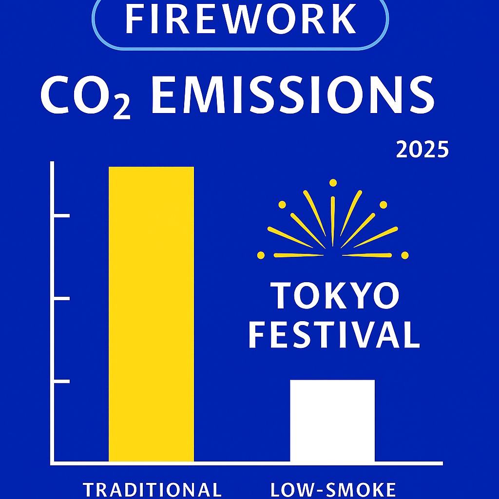 Firework emissions comparison chart showing 2025 CO₂ levels for traditional versus low-smoke fireworks