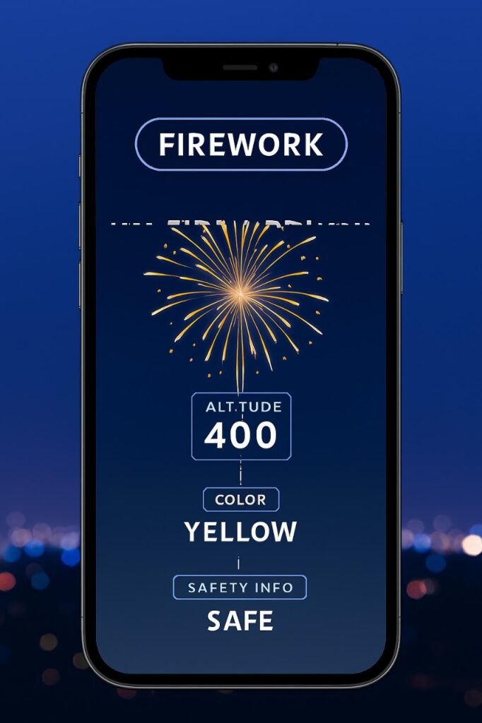 Firework AR overlay mock-up showing altitude, color data, and safety info during a live smartphone display.