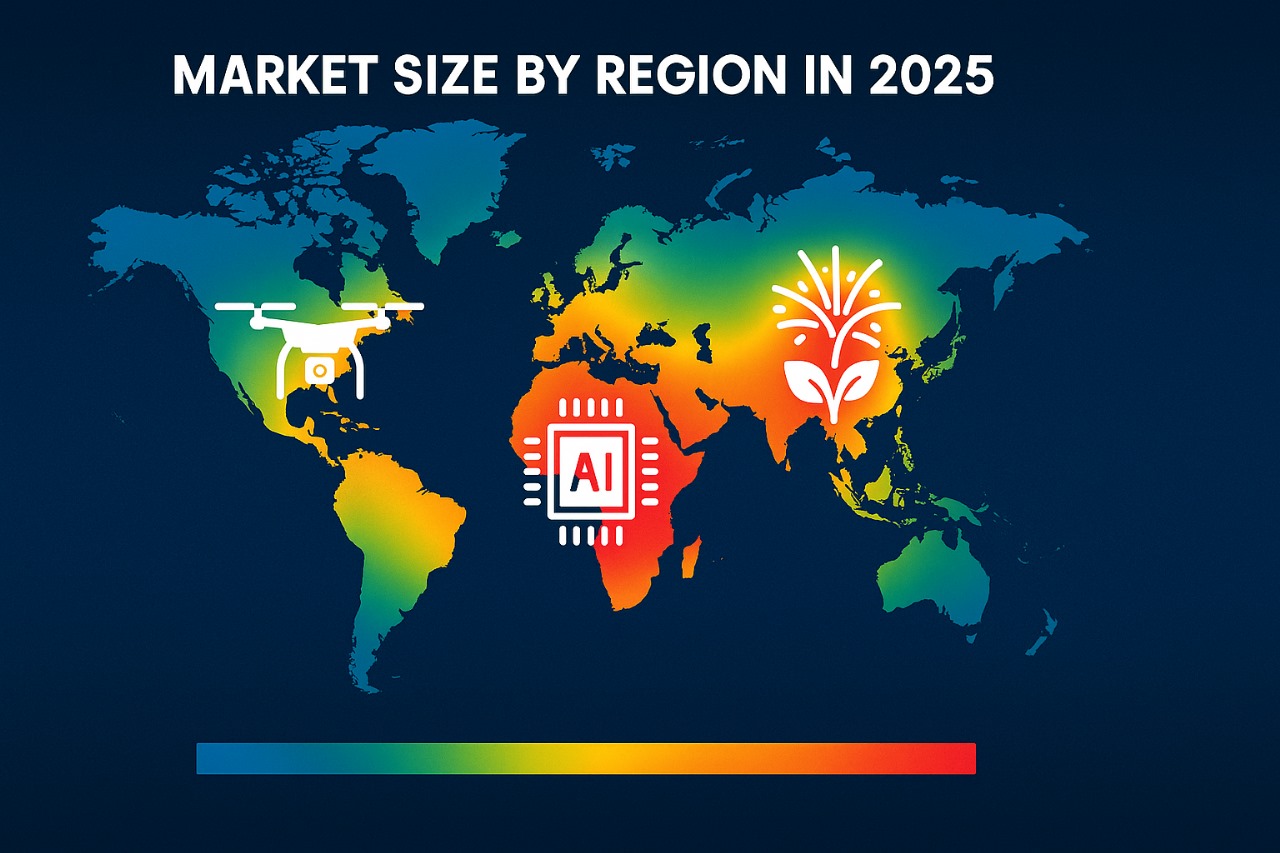 2025 global market heat map with drone, AI, and eco-firework icons by region.
