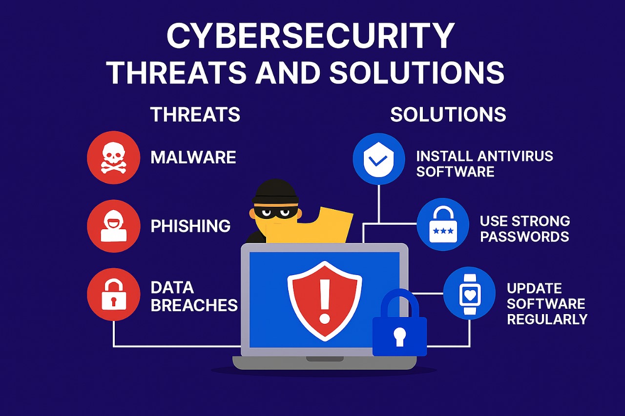Infographic showing cybersecurity threats and solutions to protect gadgets from malware, phishing, and data breaches.