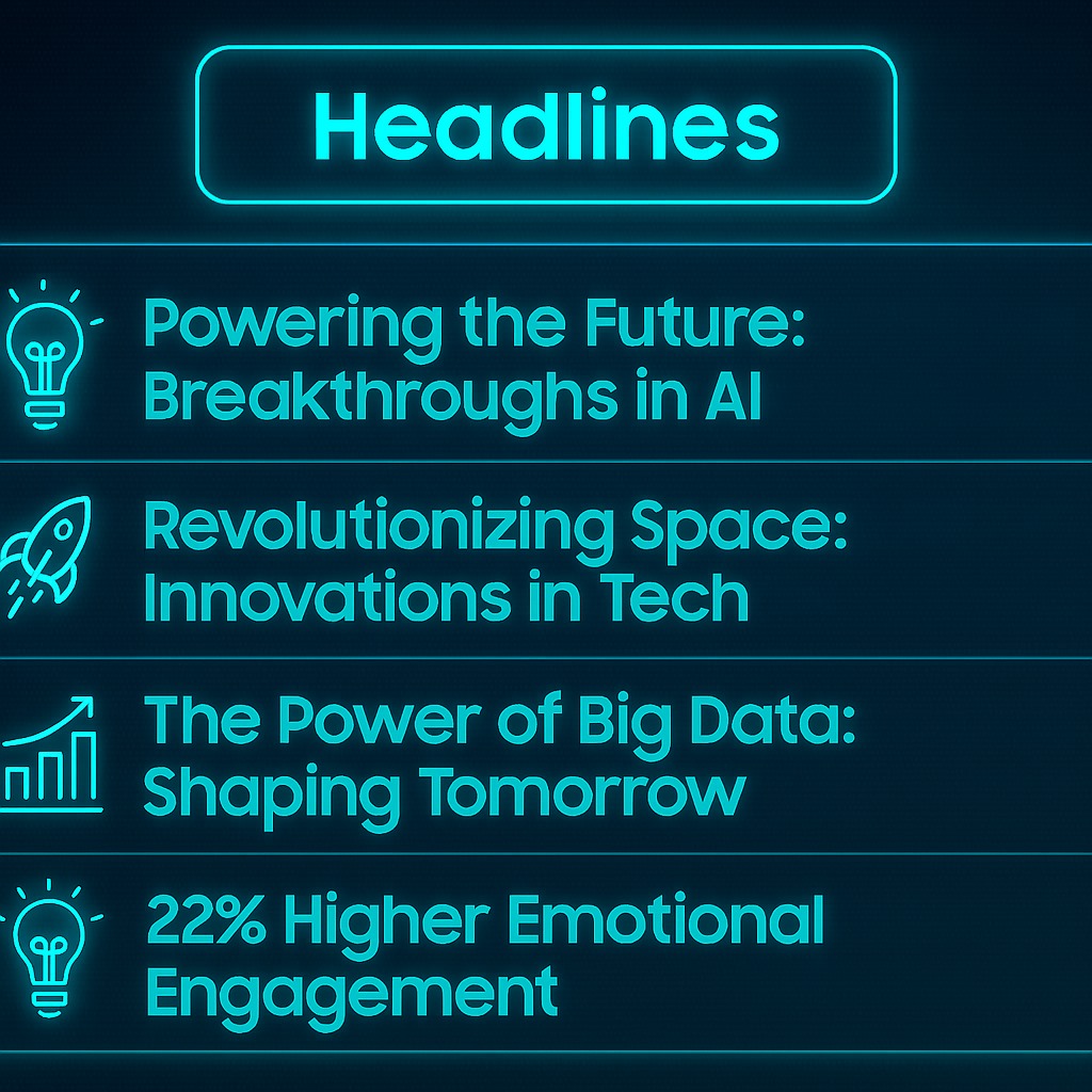 Digital dashboard of glowing tech headlines with innovation icons boosting emotional engagement and audience interaction.