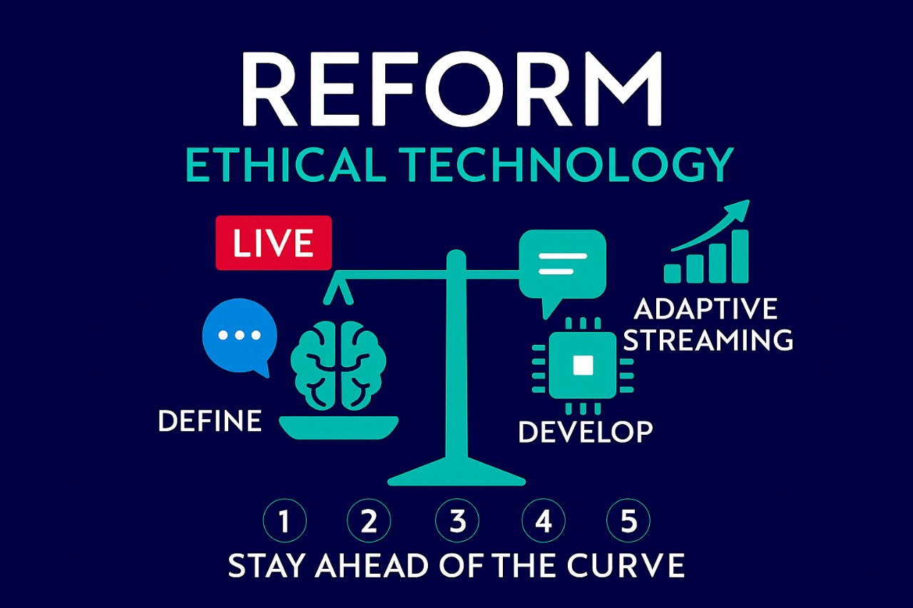 Reform infographic showing five steps to ethical technology implementation for responsible innovation.