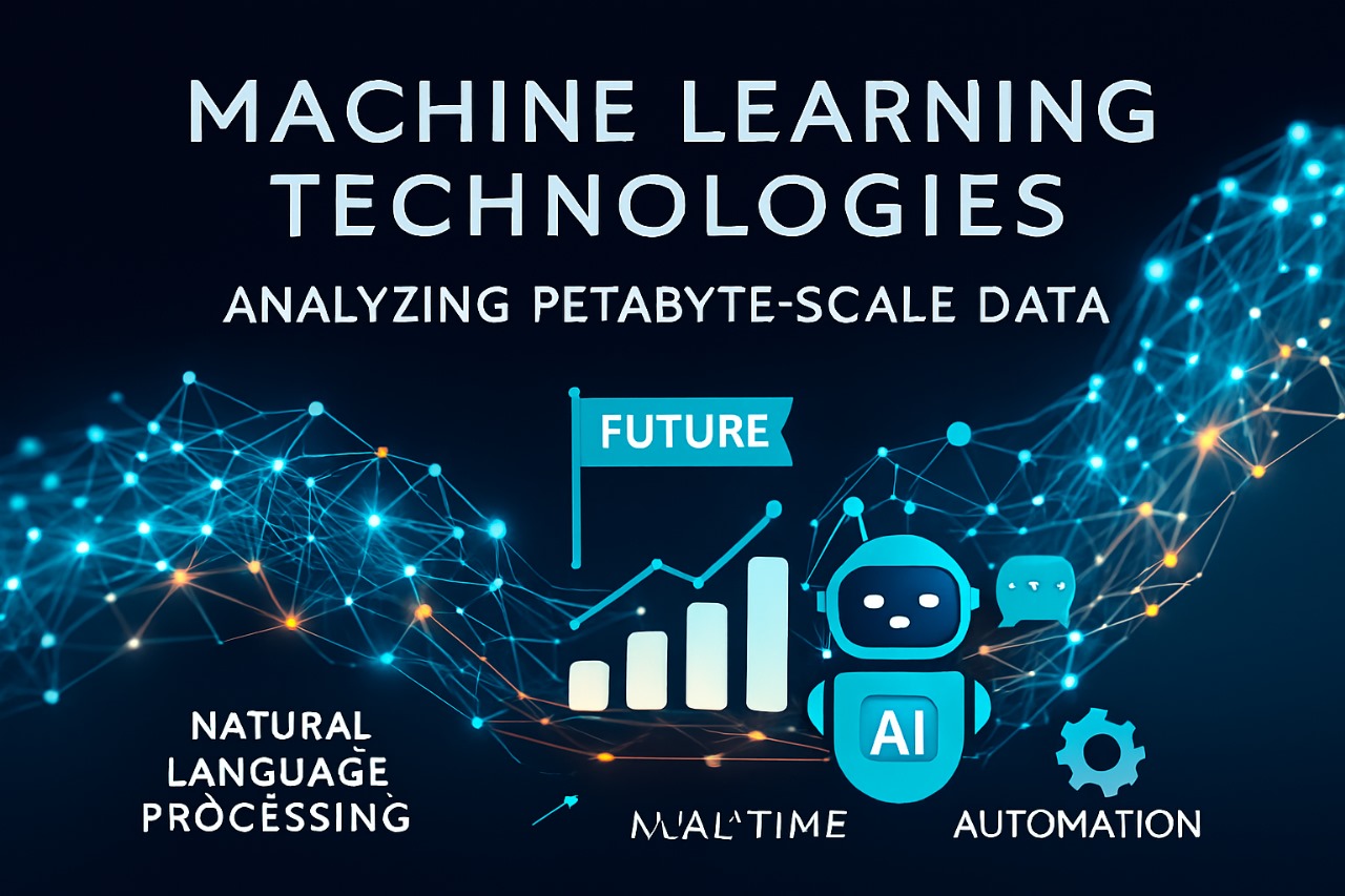 Glowing networks visualize machine learning transforming petabyte-scale data into intelligent technologies.