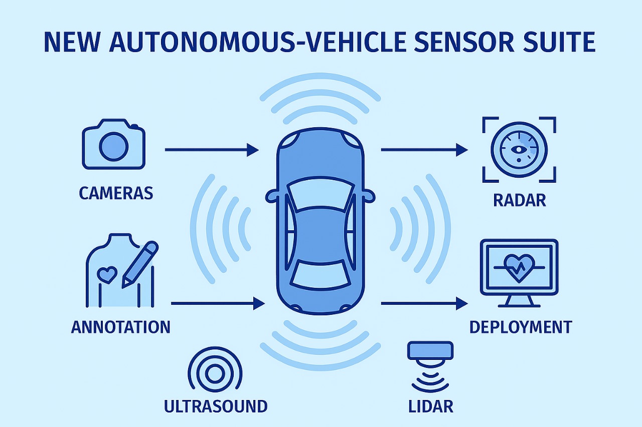 New autonomous-vehicle sensor suite infographic showing LiDAR, radar, cameras, and ultrasound zones around the vehicle.