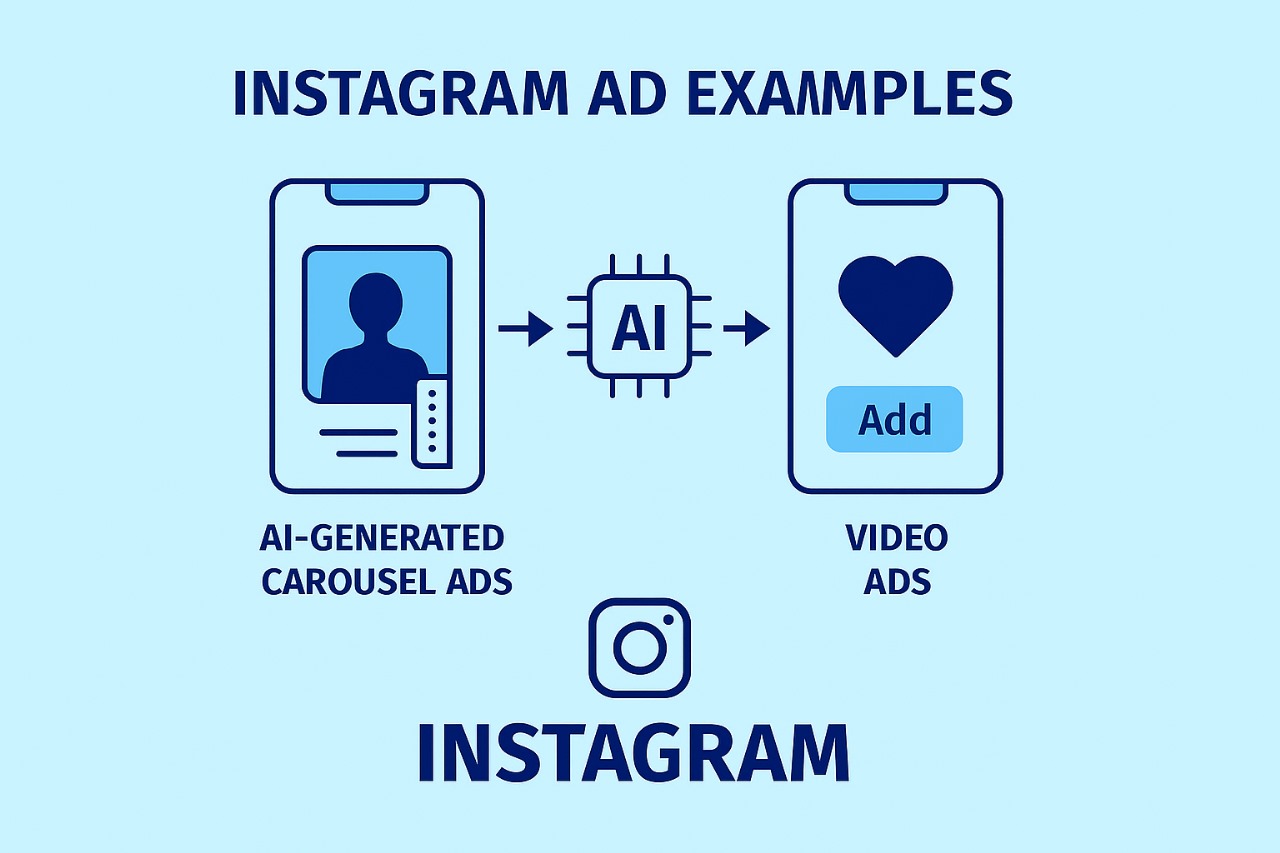Instagram ad examples featuring AI-generated carousel and video formats with creative targeting visuals.