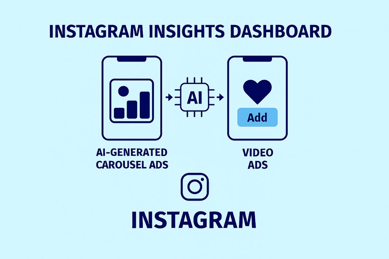 Instagram Insights dashboard infographic showing AI-enhanced metrics for reach, audience, and engagement overview.
