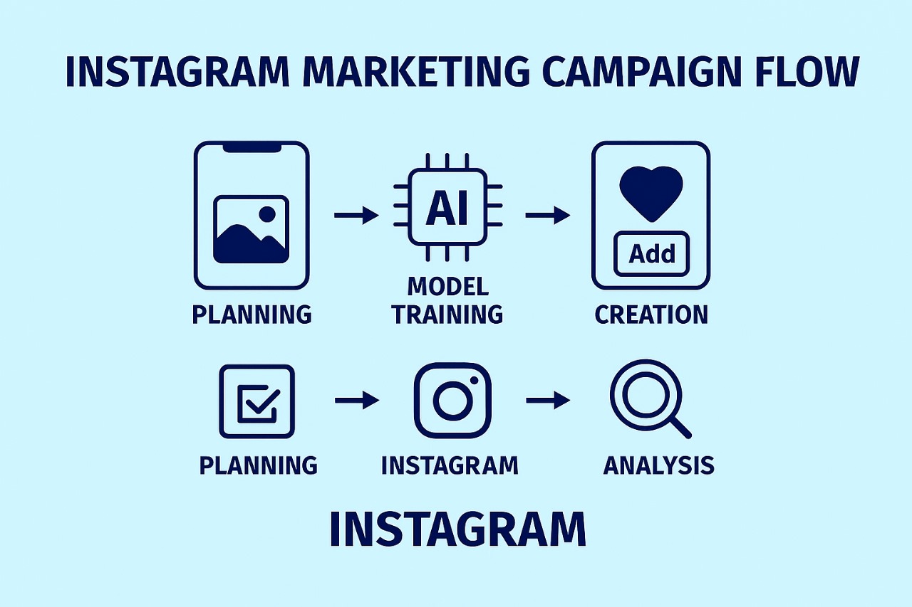 Instagram marketing campaign flowchart showing tech-enabled roadmap from planning to analysis and optimization.
