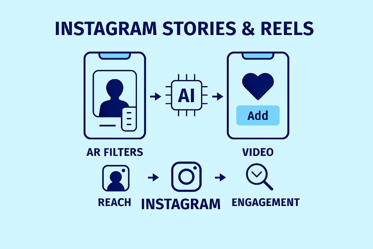 Instagram Stories and Reels infographic showing how to use AR filters and interactive stickers effectively