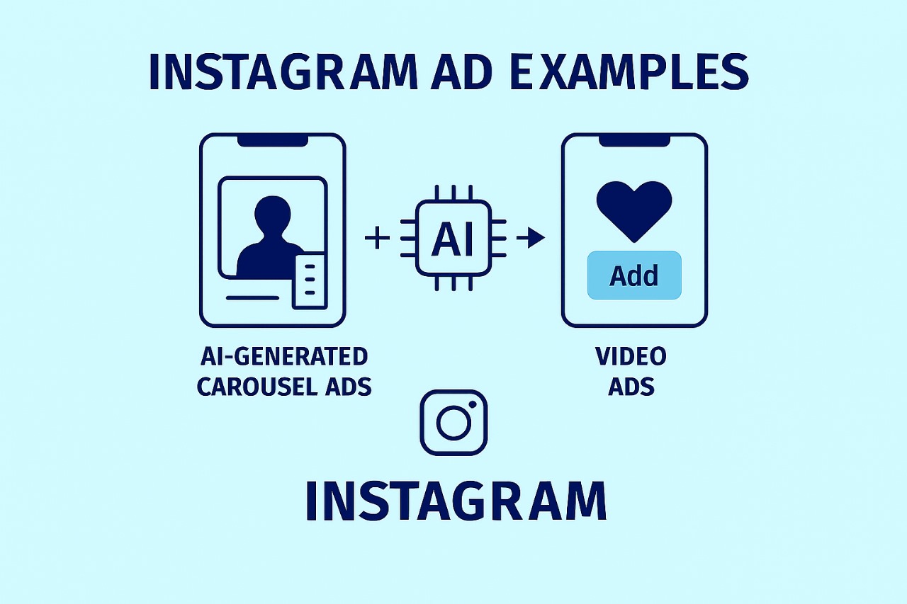 Instagram ad examples infographic showing AI-generated carousel and video ad formats for digital campaigns.