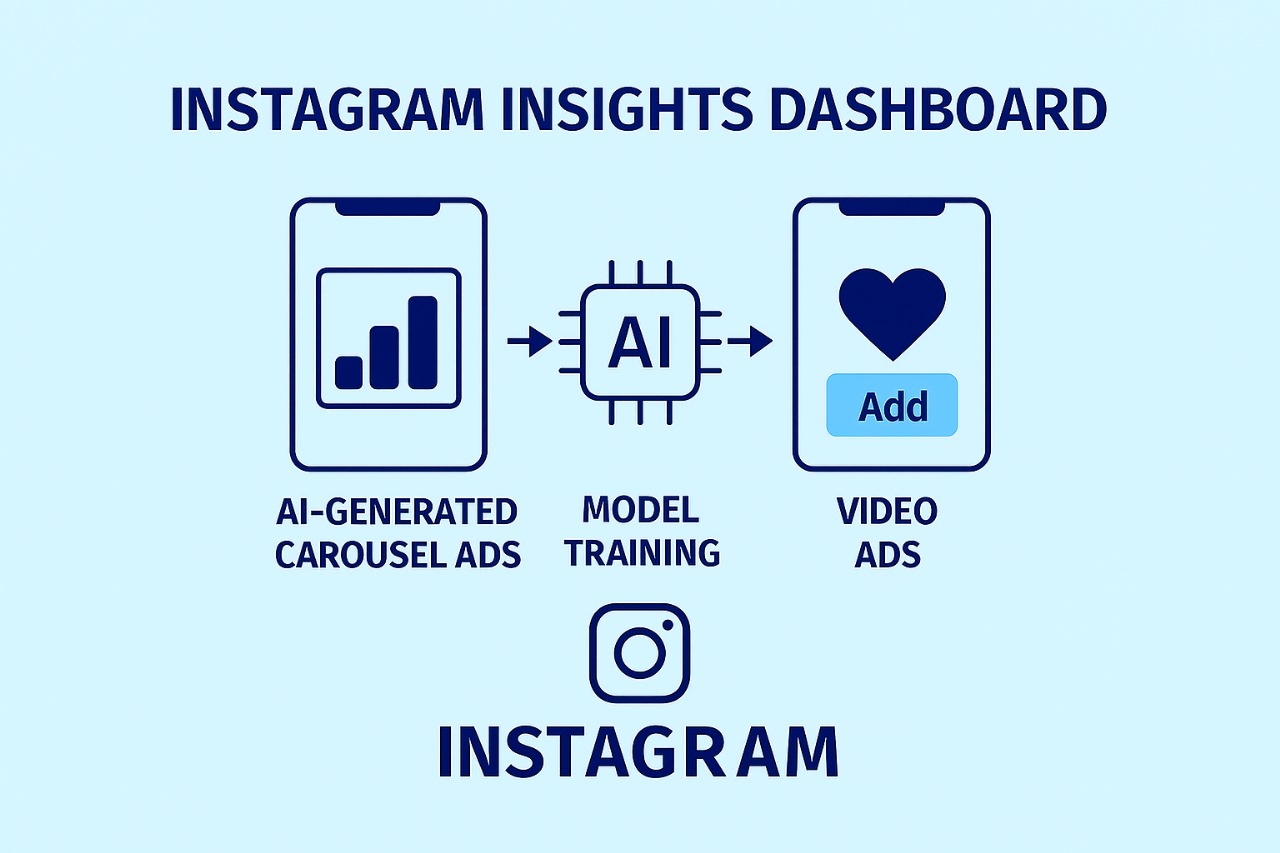 Instagram Insights dashboard infographic showing AI-enhanced metrics for reach, audience, and engagement performance.
