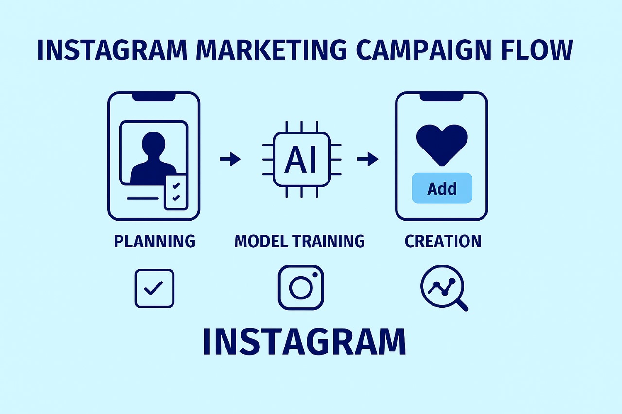 Instagram marketing campaign flowchart showing tech-enabled roadmap from planning to analysis with AI integration.