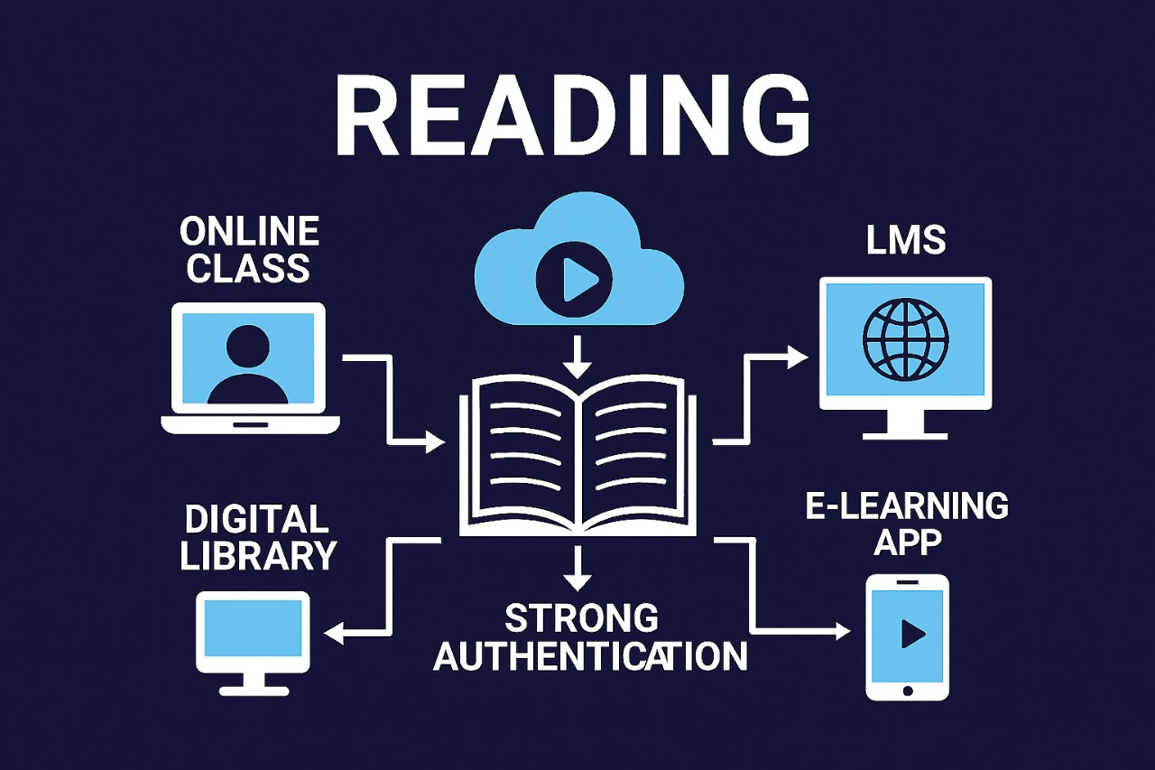 Reading-focused E-learning ecosystem diagram showing digital library, LMS, online class, and mobile app integration.