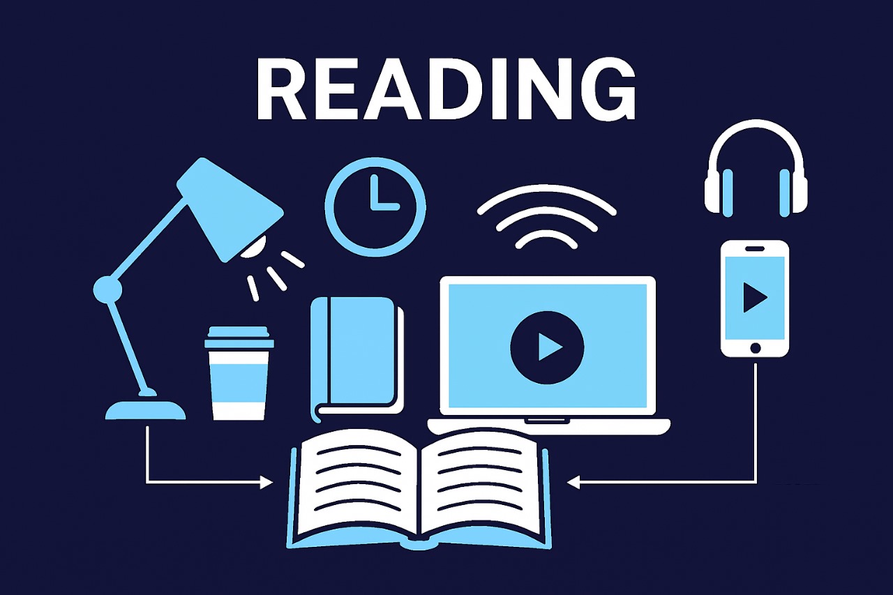 Reading-focused tech-optimized studying space infographic with smart lighting, digital devices, and ergonomic setup in landscape format.