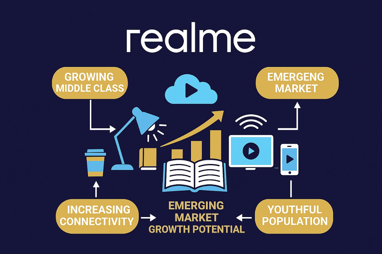 Realme emerging market growth diagram showing rising smartphone adoption, youth demographics, and connectivity trends.