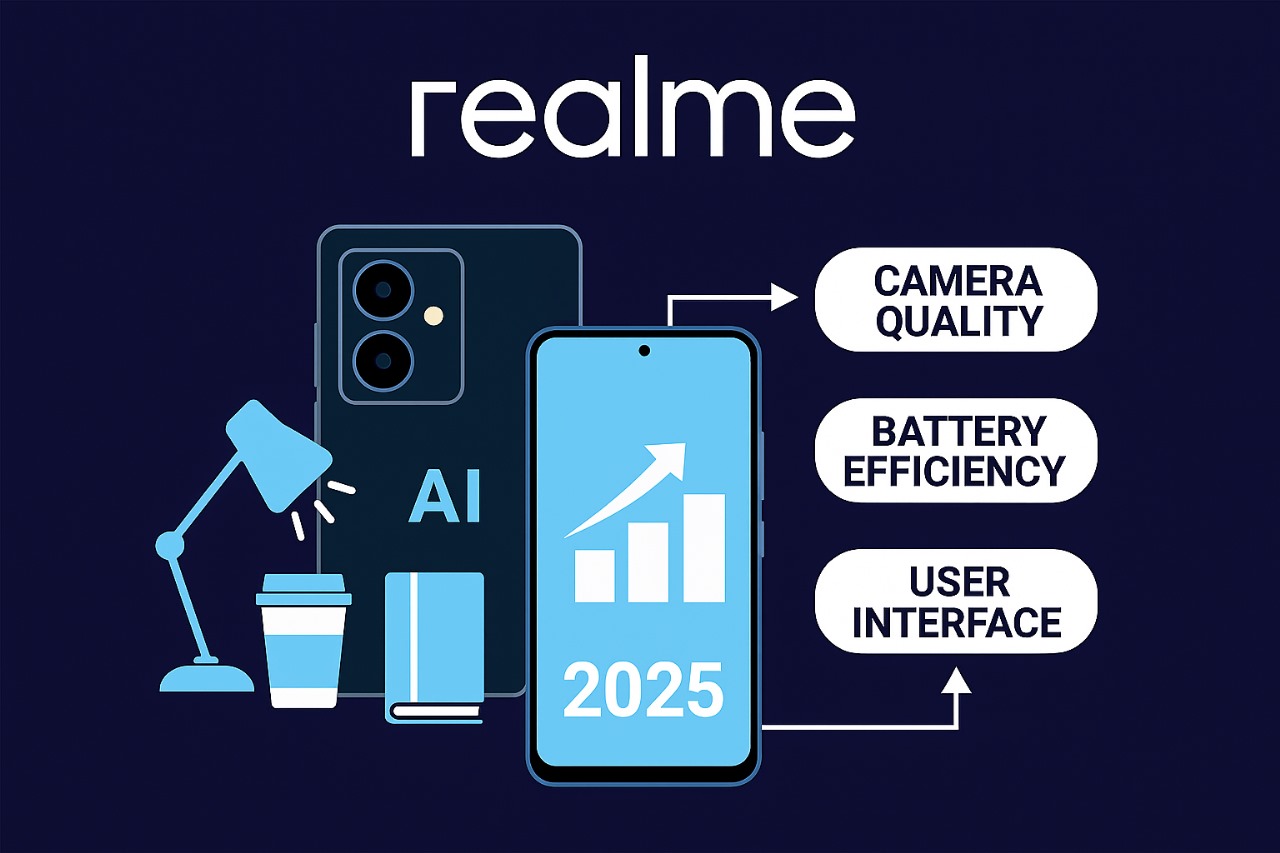 Realme 2025 AI-powered smartphone with enhanced camera, battery, user interface, and year indicator, sleek blue background.