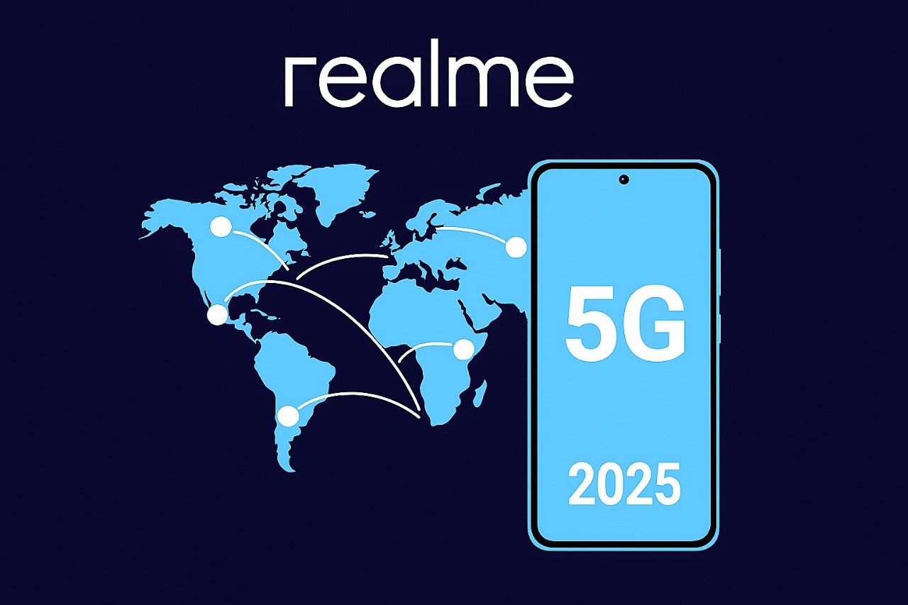 Realme smartphone connected to global 5G networks, highlighting expansion and next-gen mobile technology opportunities.