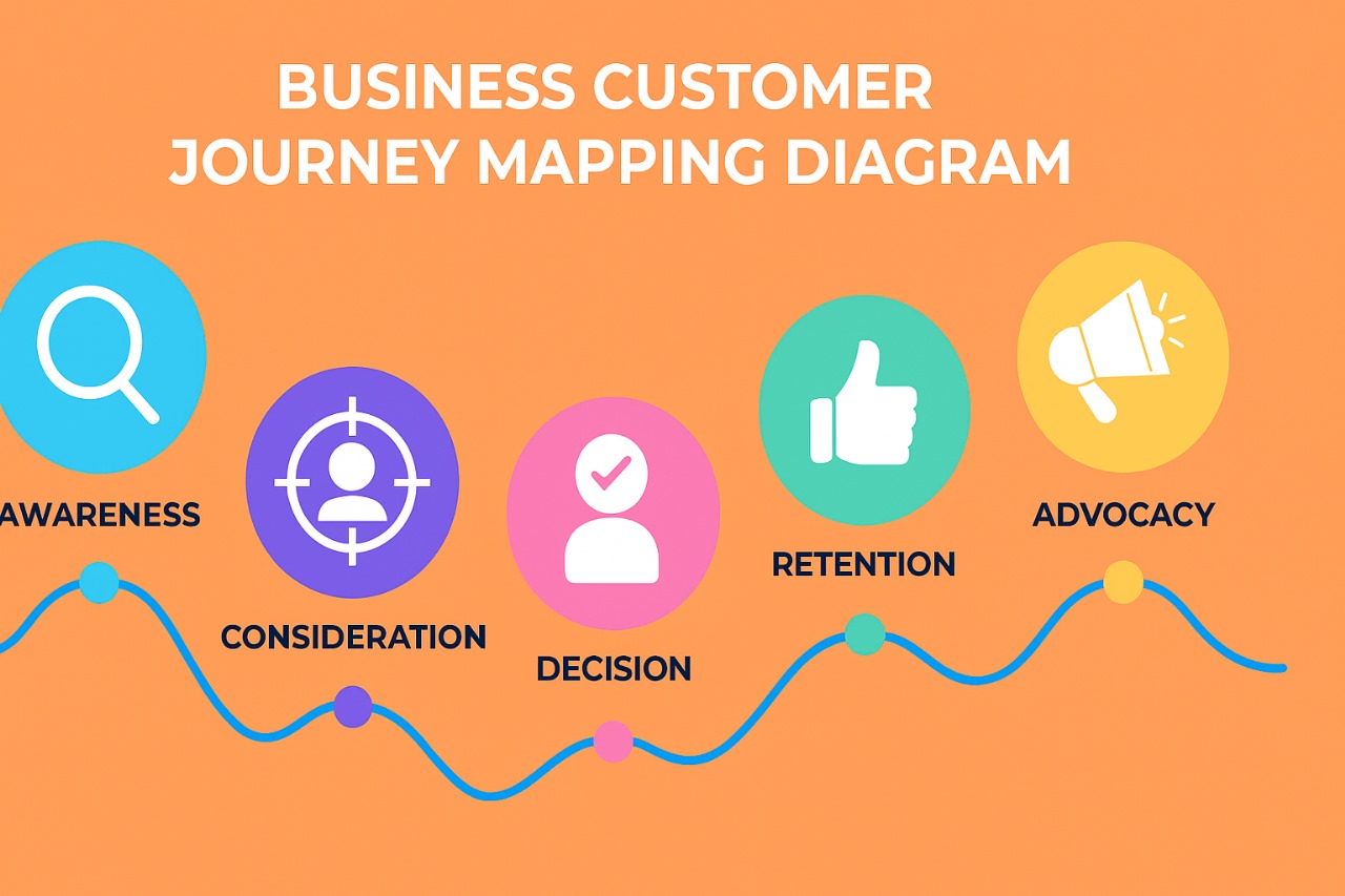 Business customer journey mapping diagram showing five engagement stages with icons in a landscape layout.