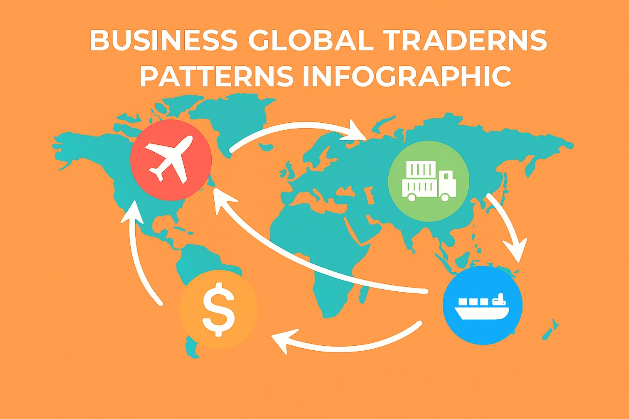 Business global trade patterns infographic showing major import-export routes and industry icons across continents.