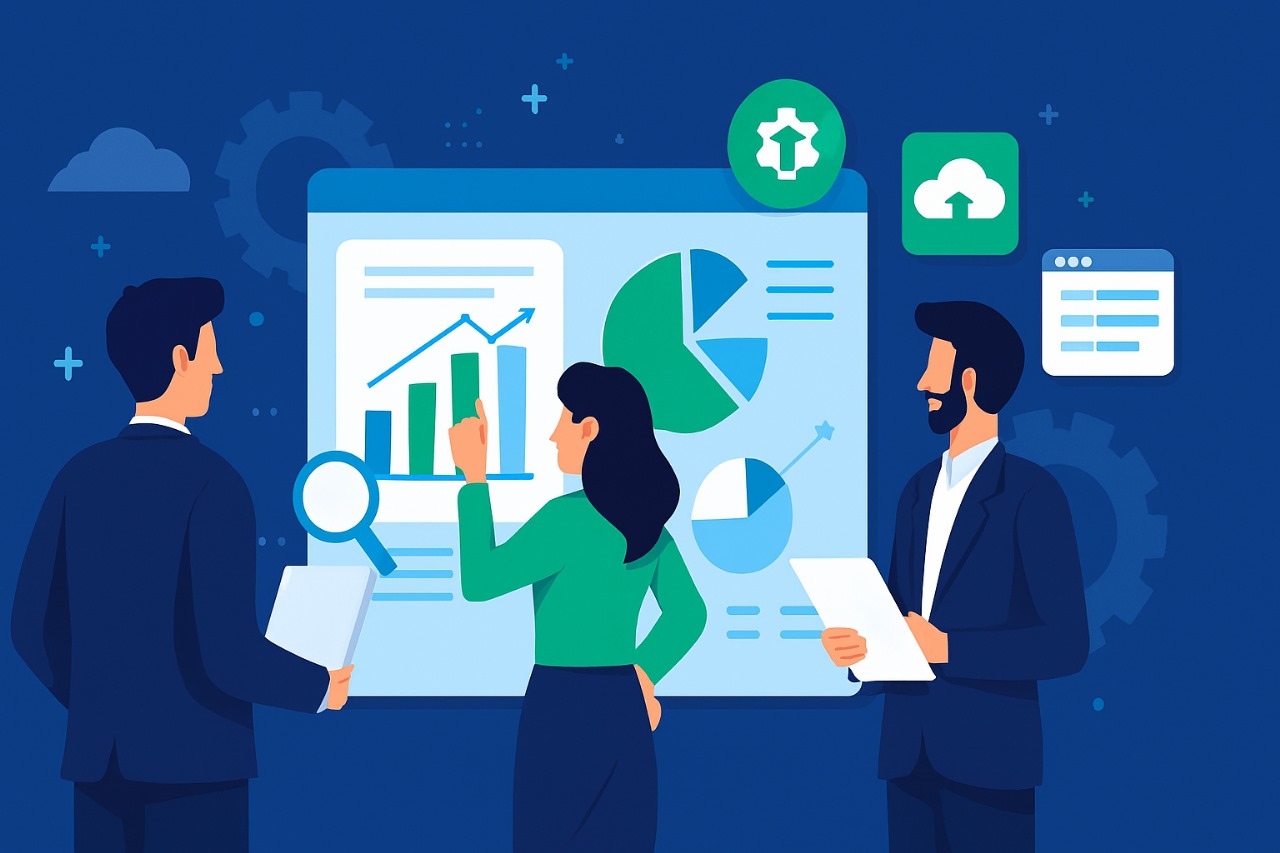 Business team upgrading tech stack and analyzing dashboard for strategy, innovation, and future readiness.