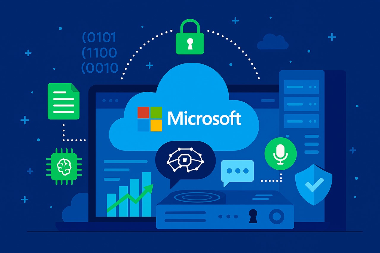Microsoft Azure cloud platform with encrypted data, secure servers, and AI-powered enterprise solutions.