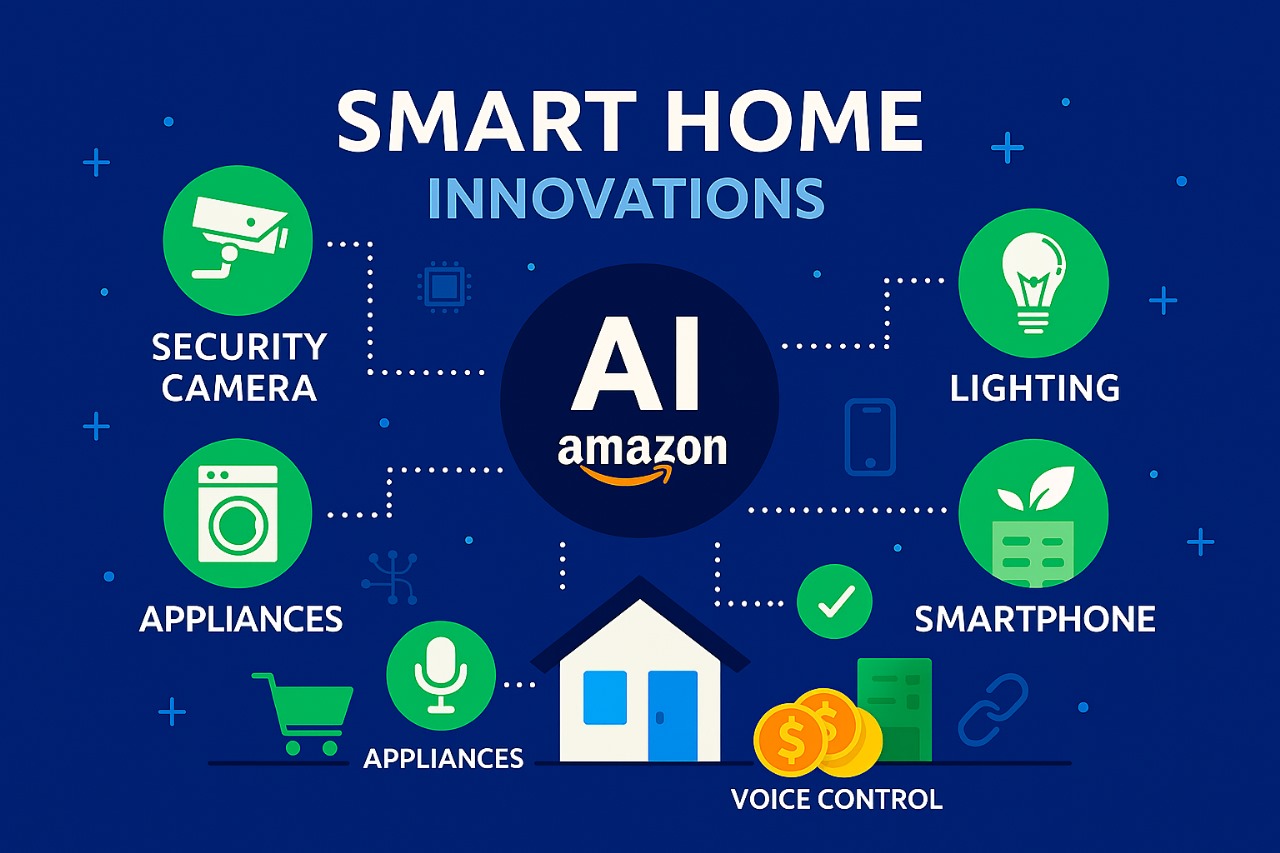 Smart home setup infographic showcasing innovations in connected devices like lighting, security, and voice control.