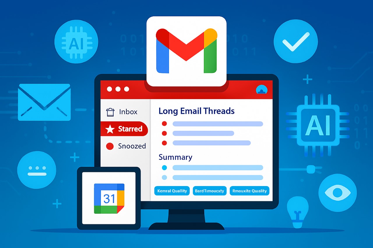 Gmail AI summarizer condenses long email threads into bullet points for faster, smarter communication.