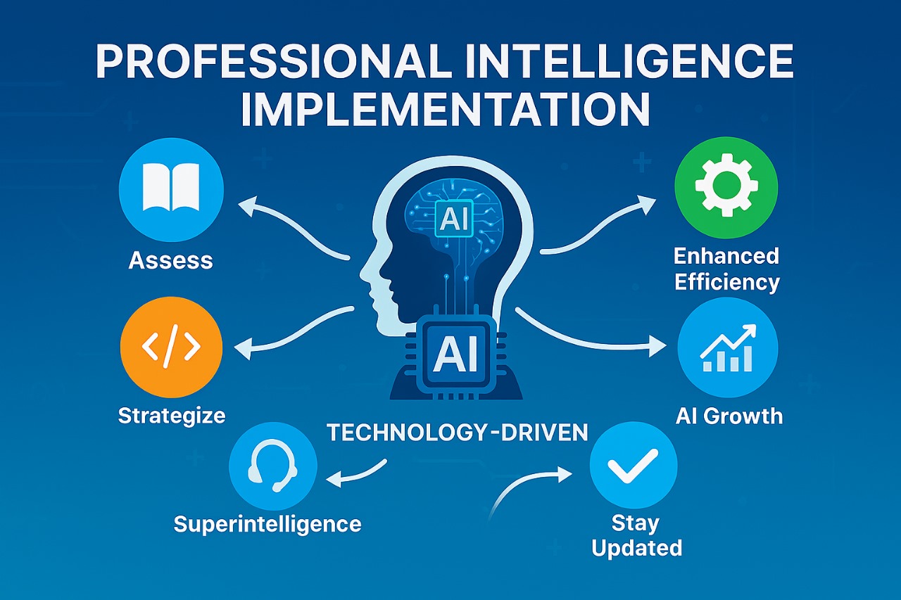 Five-step implementation guide for technology-driven professional intelligence using AI and performance optimization tools.