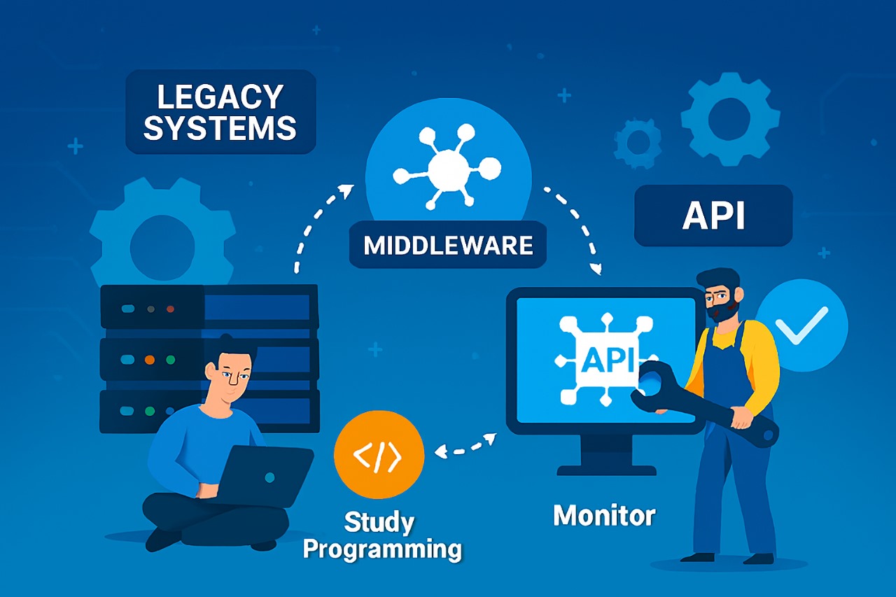 IT engineers using middleware to integrate legacy systems with APIs for seamless digital intelligence transformation.